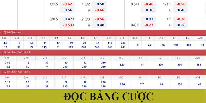 Hướng dẫn đọc bảng cược tỉ số